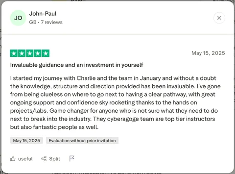 Student review screenshot from the existing Cyber Agoge website