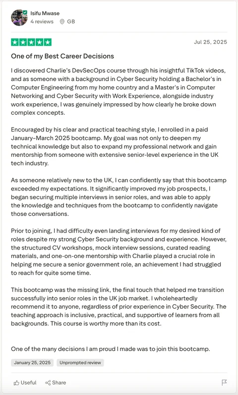 Student review screenshot from the existing Cyber Agoge website