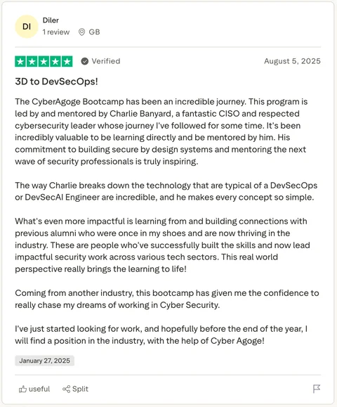 Student review screenshot from the existing Cyber Agoge website
