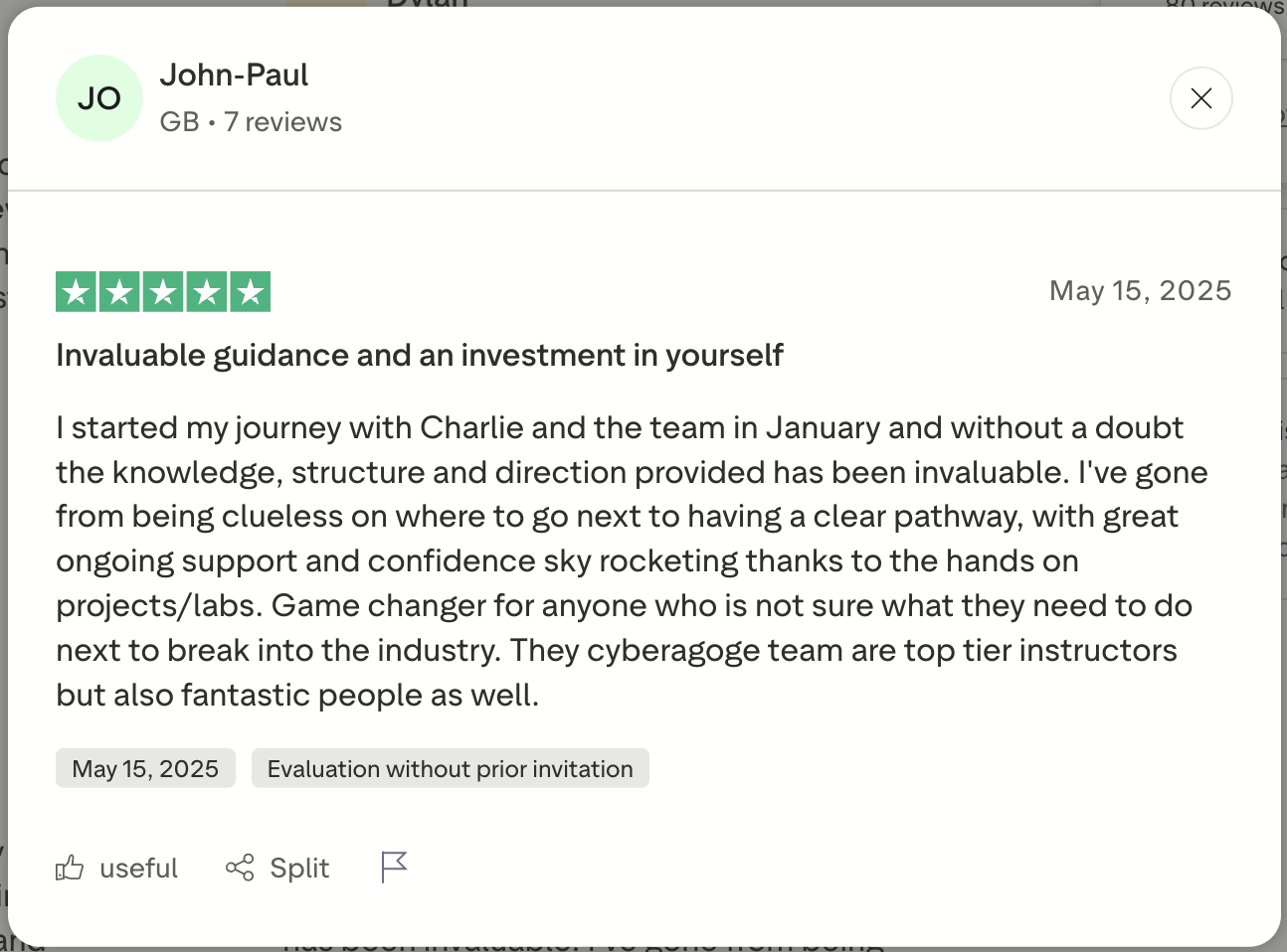 Student review screenshot from the existing Cyber Agoge website