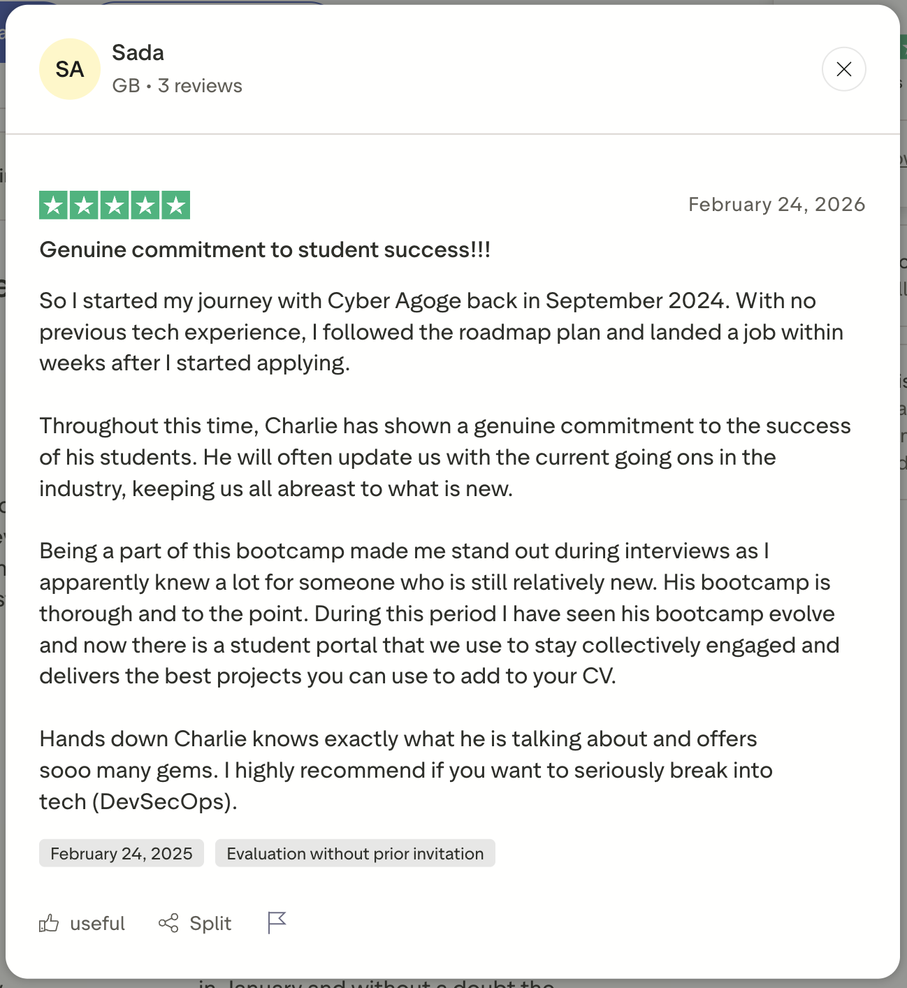 Student review screenshot from the existing Cyber Agoge website