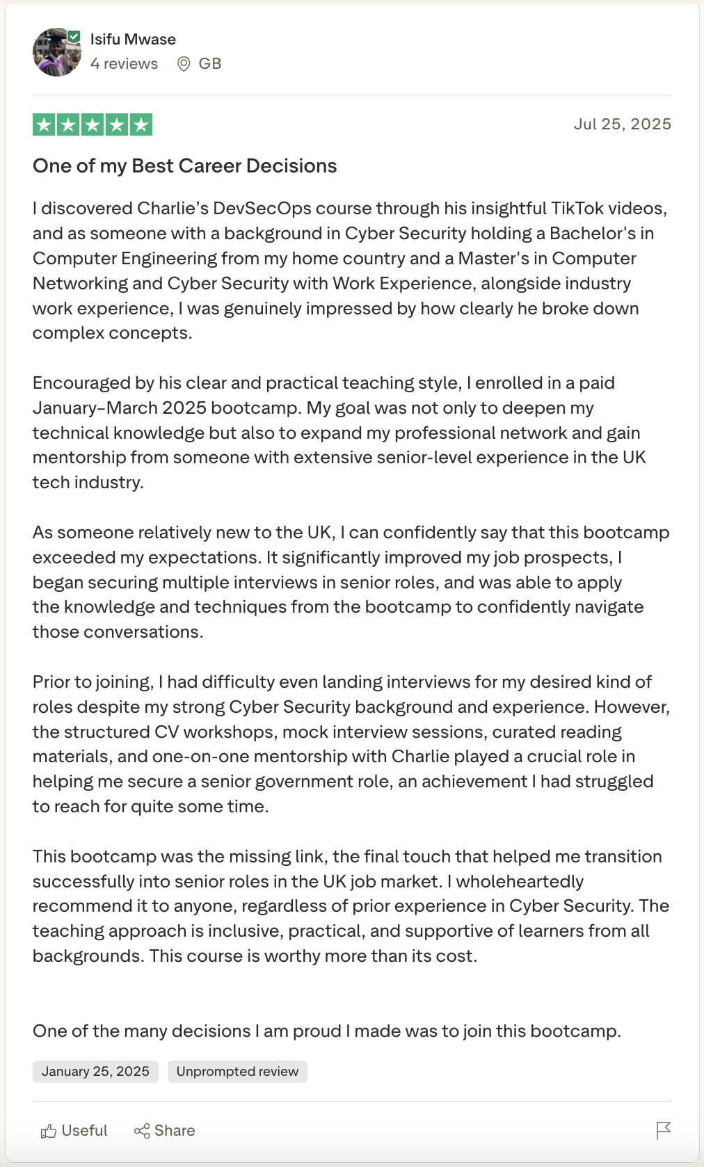 Student review screenshot from the existing Cyber Agoge website