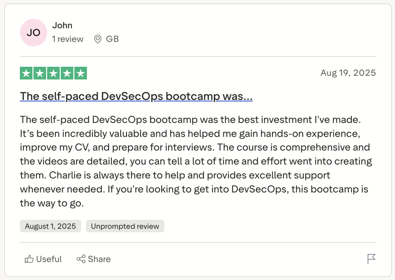 Student review screenshot from the existing Cyber Agoge website