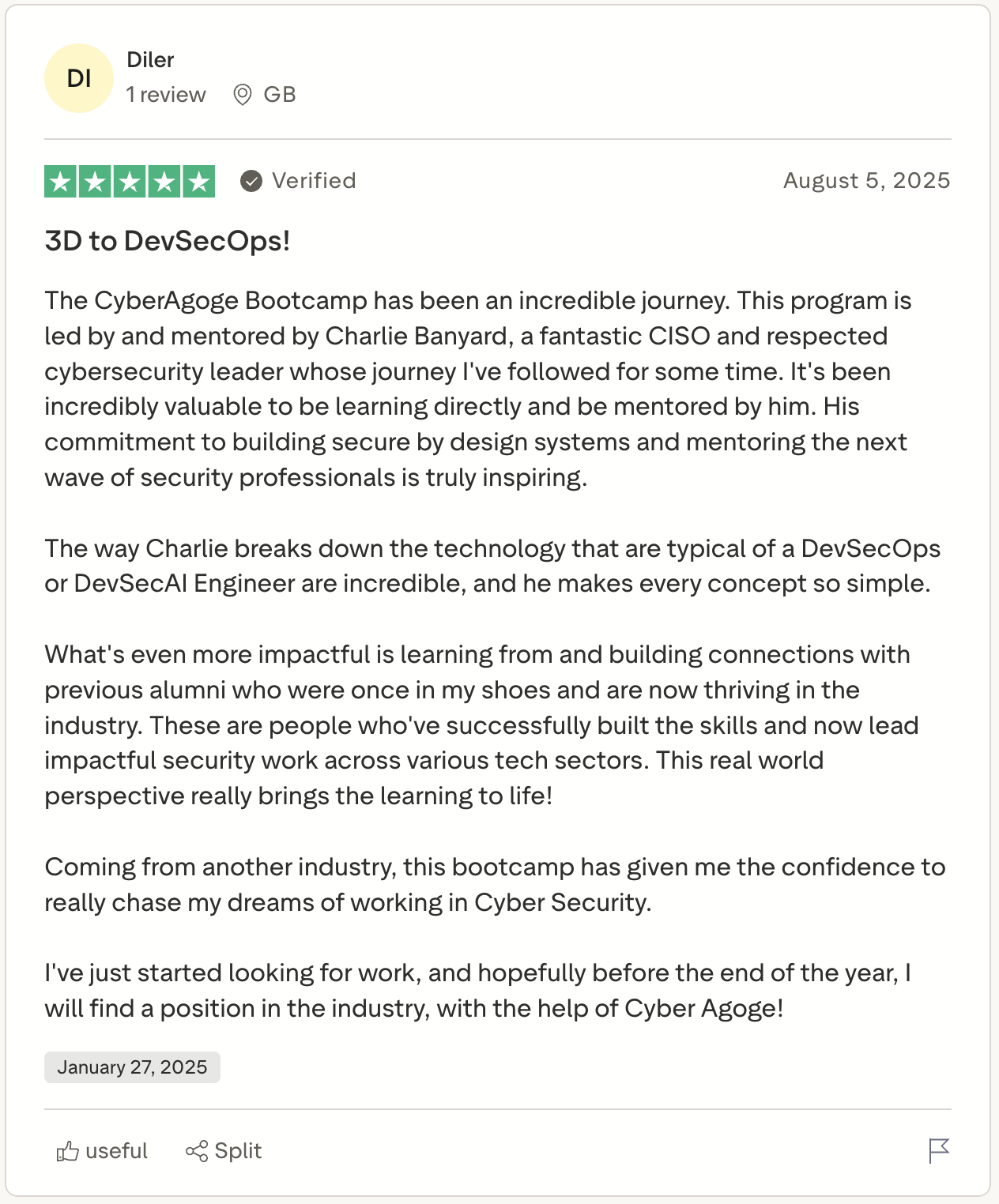 Student review screenshot from the existing Cyber Agoge website