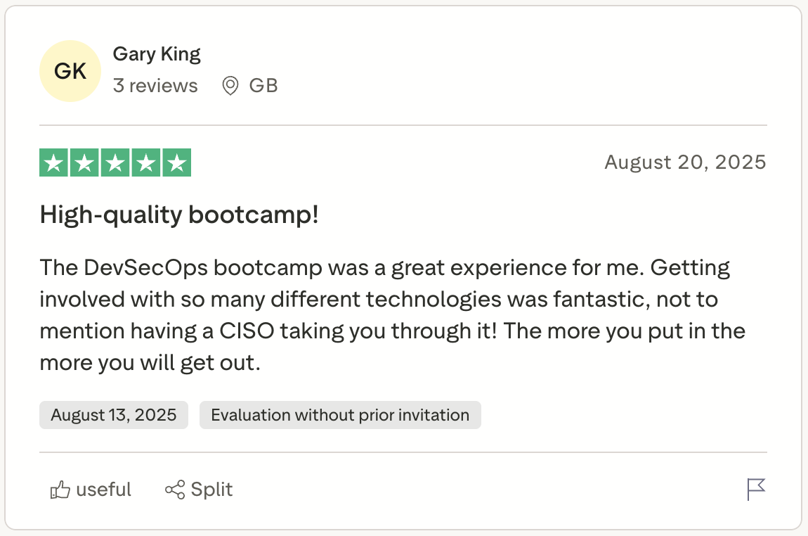 Student review screenshot from the existing Cyber Agoge website