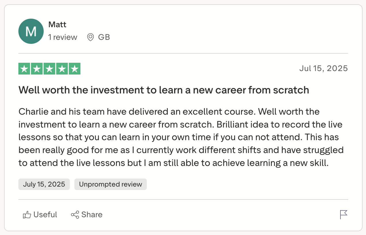 Student review screenshot from the existing Cyber Agoge website